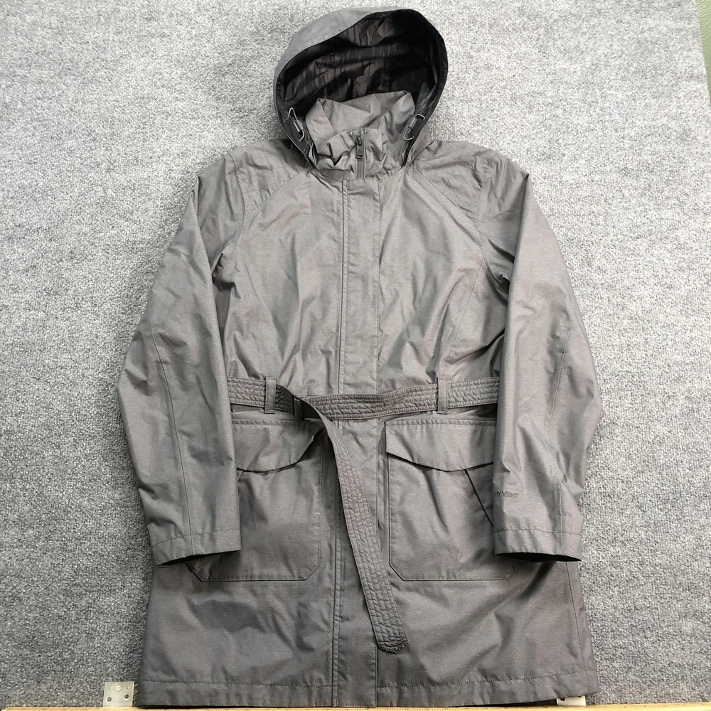The North Face Coat Womens Large Gray HyVent Hooded Rain Coat Belted Waterproof
